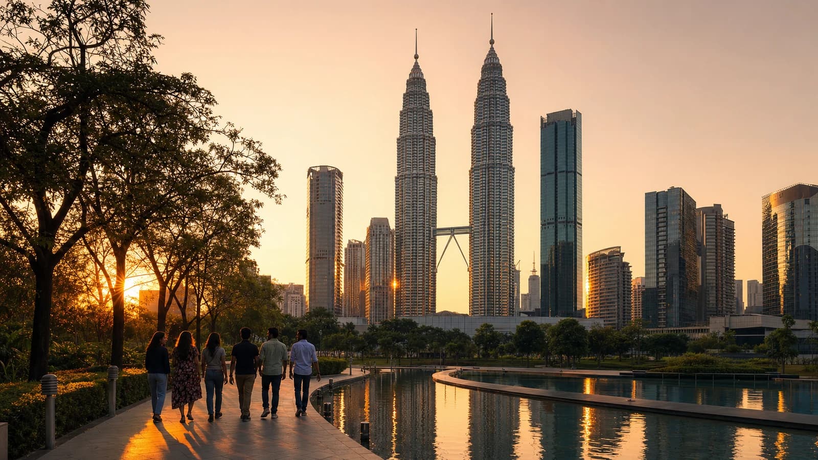 The Petronas Twin Towers rising above Kuala Lumpur park — representing Ishwarya Raja's journey